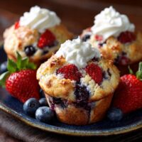 Blauwe Bessen Muffins met Aardbeien en Slagroom