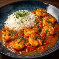 Garnalen in Tomaten-kerriesaus met Rijst