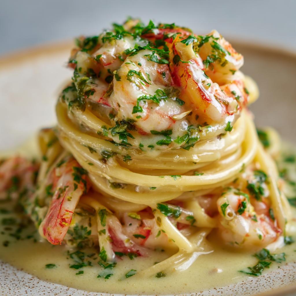 Garnalen met Spaghetti in Knoflookroomsaus