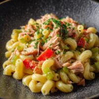Macaroni met Zalm, Paprika, Prei en Tomaat