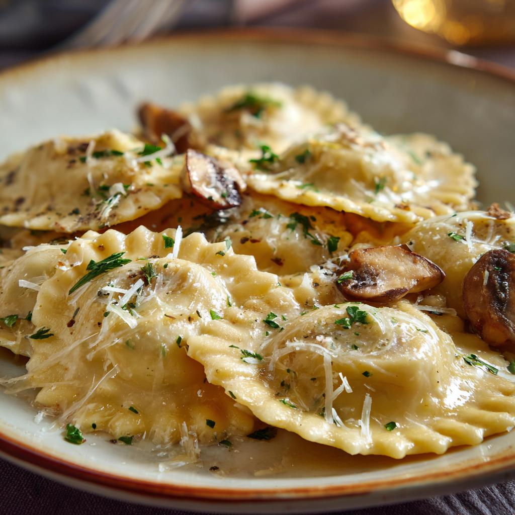Ravioli met Ricotta, Champignons en Truffelolie