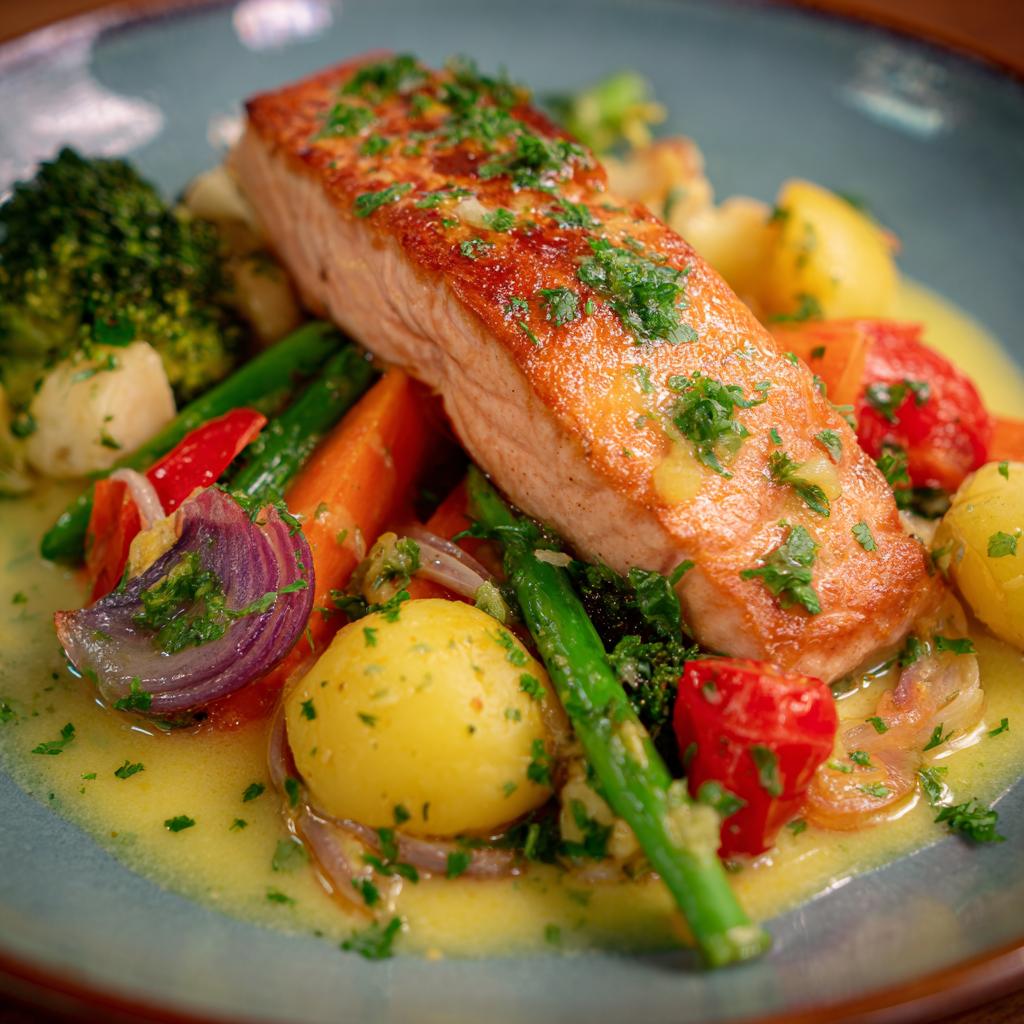 Zalm in Geroosterde Knoflook-botersaus met Groente