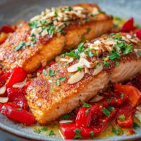 Zalm met Geroosterde Peper en Amandelen
