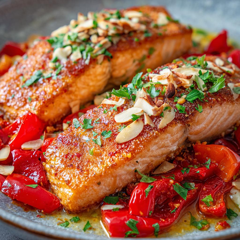 Zalm met Geroosterde Peper en Amandelen