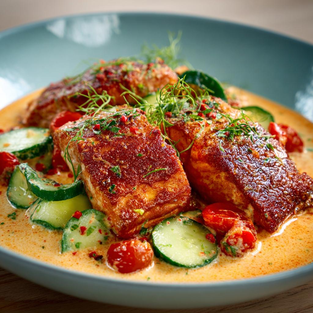 Zalm met Komkommer en Tomatenroomsaus