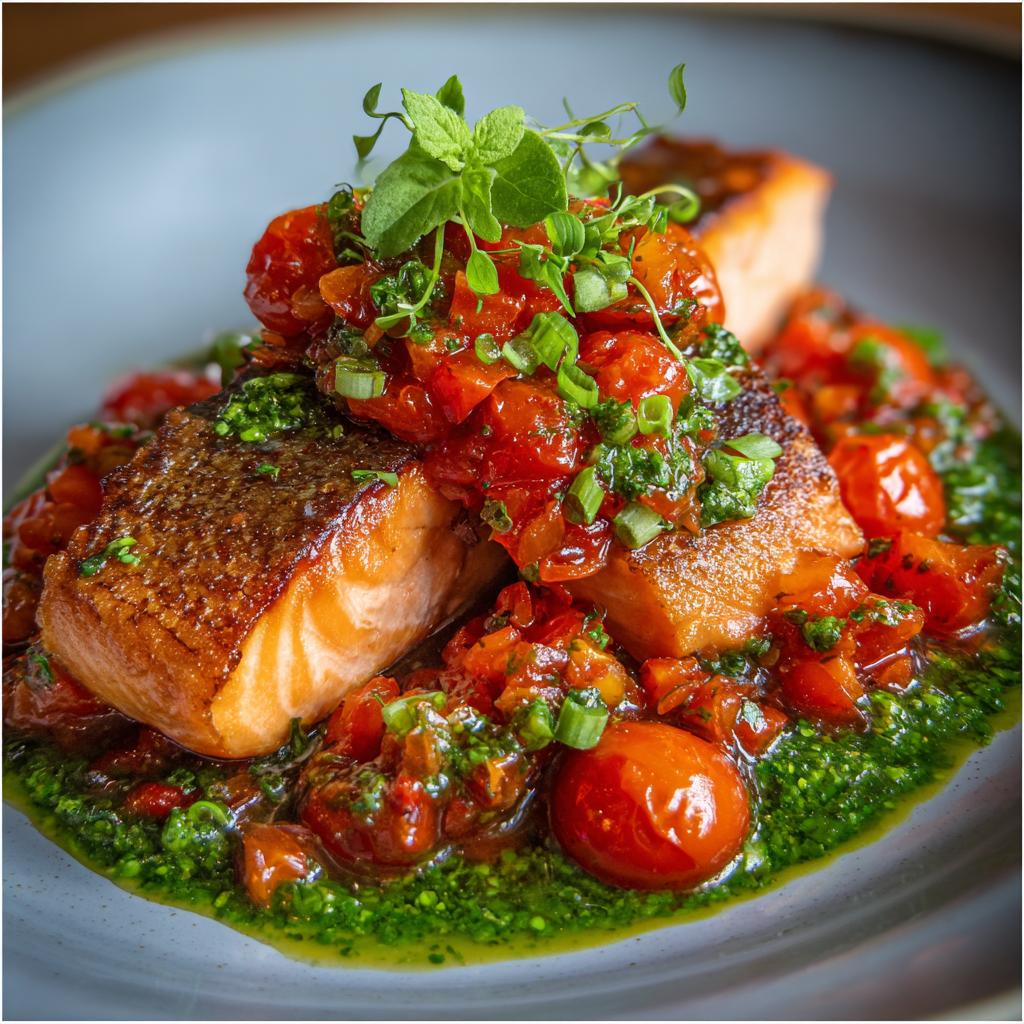 Zalm met Lente-ui en Tomaten-basilicumsaus