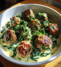baked chicken ricotta meatballs with spinach alfredo sauce