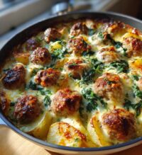 cheesy spinach meatball potato bake