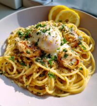 chicken spaghetti with burrata and lemon butter garlic sauce