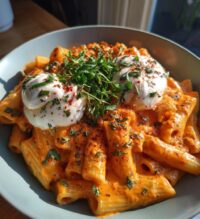 creamy red pepper pasta with burrata and herbs