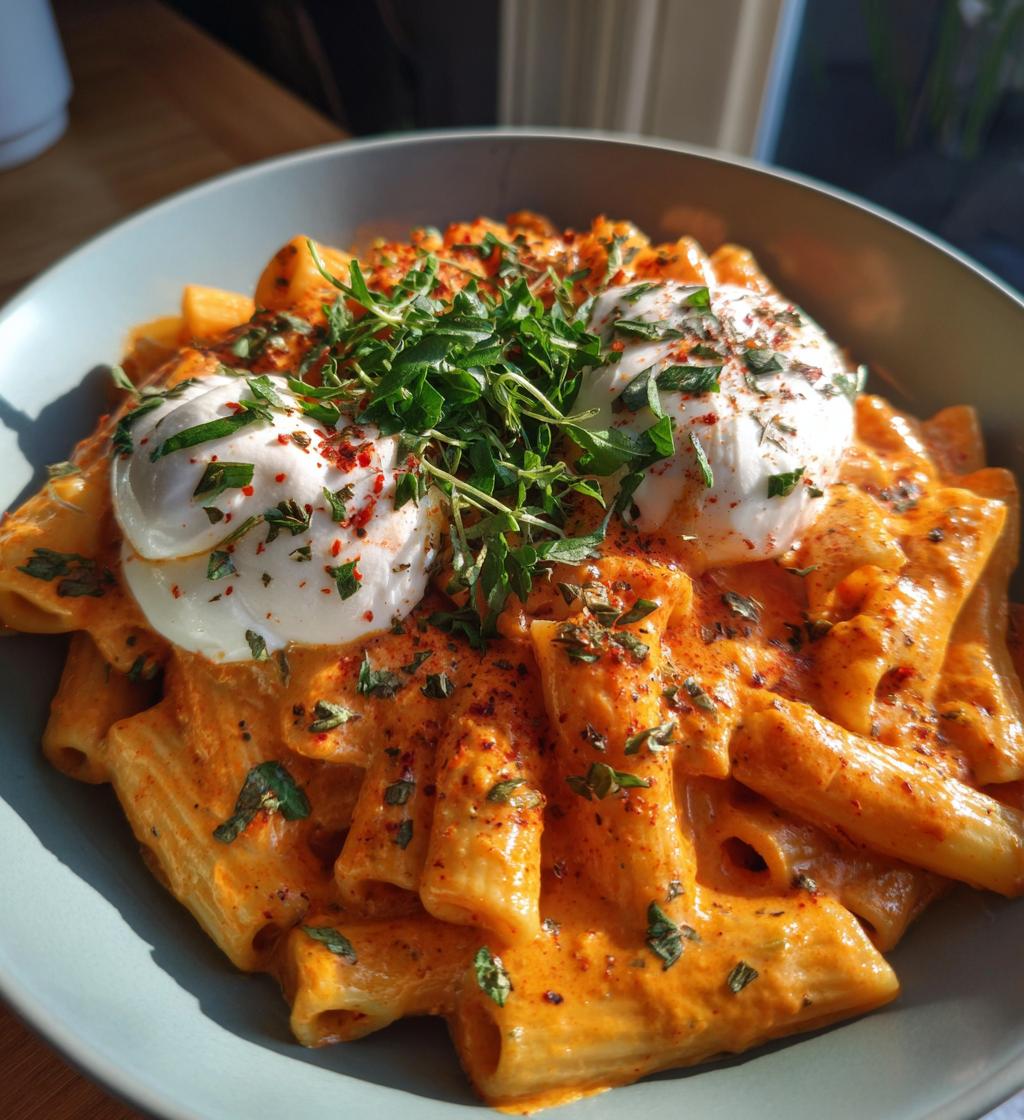 creamy red pepper pasta with burrata and herbs