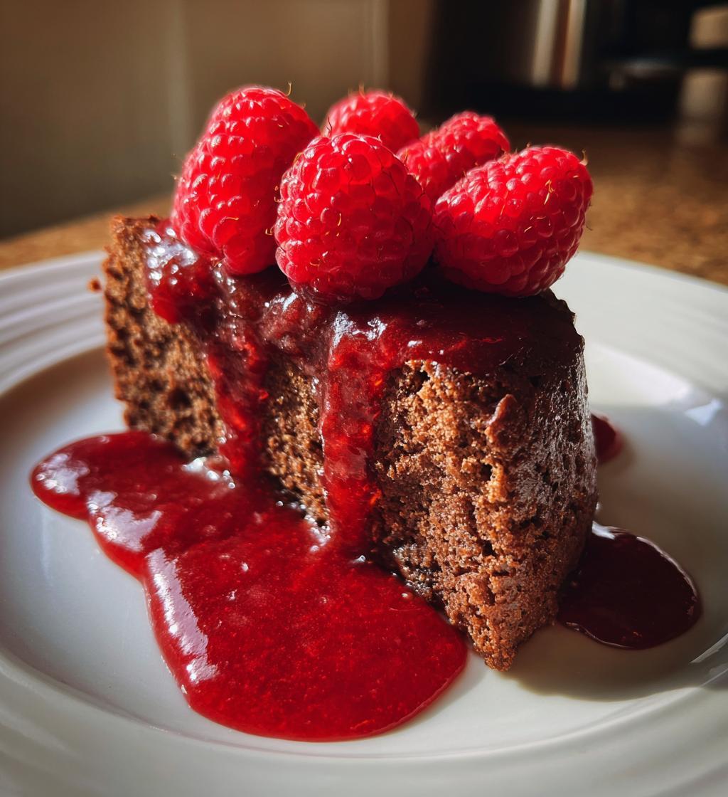 flourless almond cake with raspberry sauce - detail 1