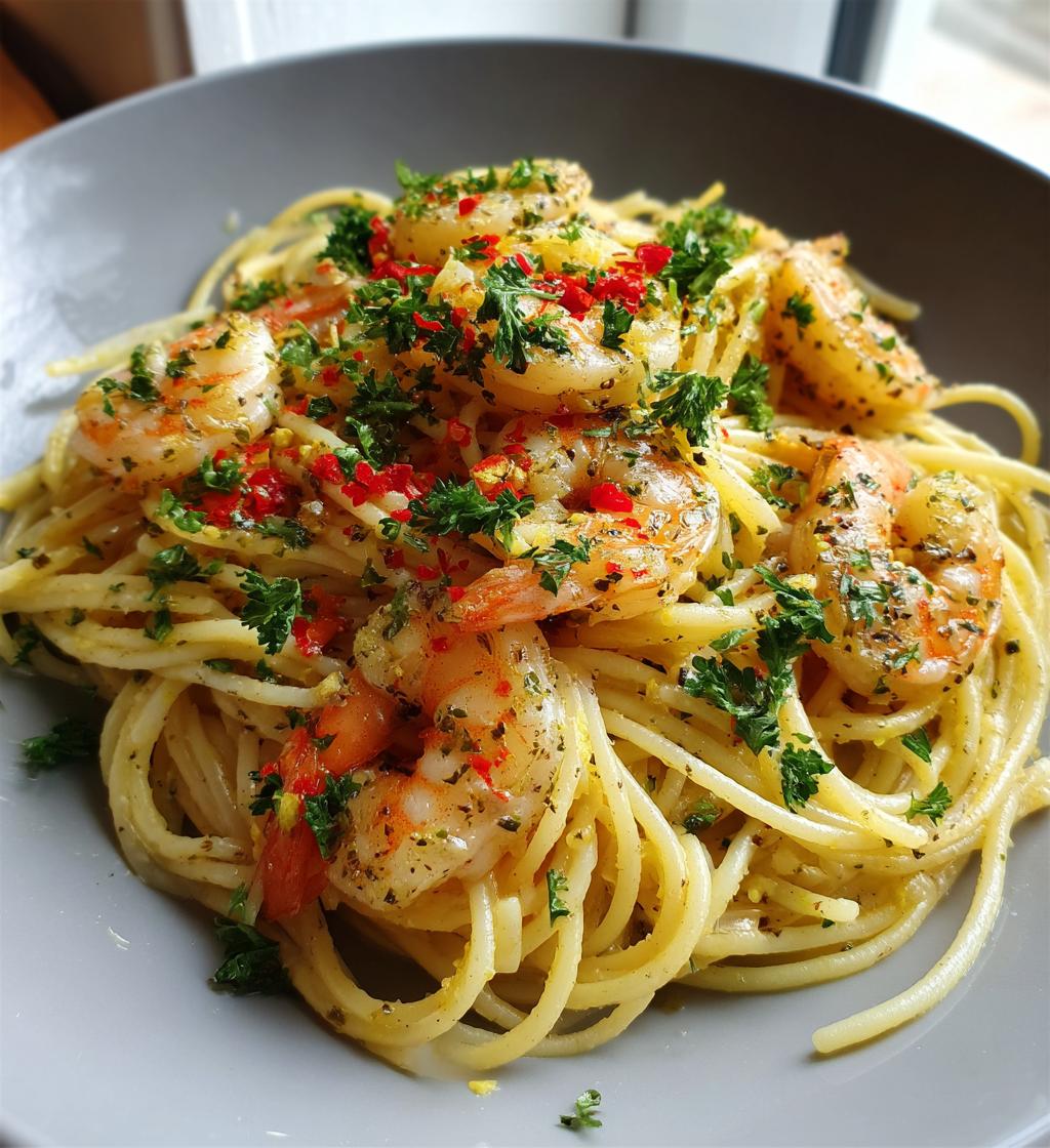 garlic shrimp pasta - detail 1