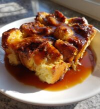 grandmas old fashioned bread pudding with vanilla sauce