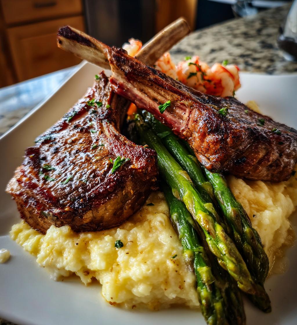 lamb chops over lobster mash with asparagus recipe