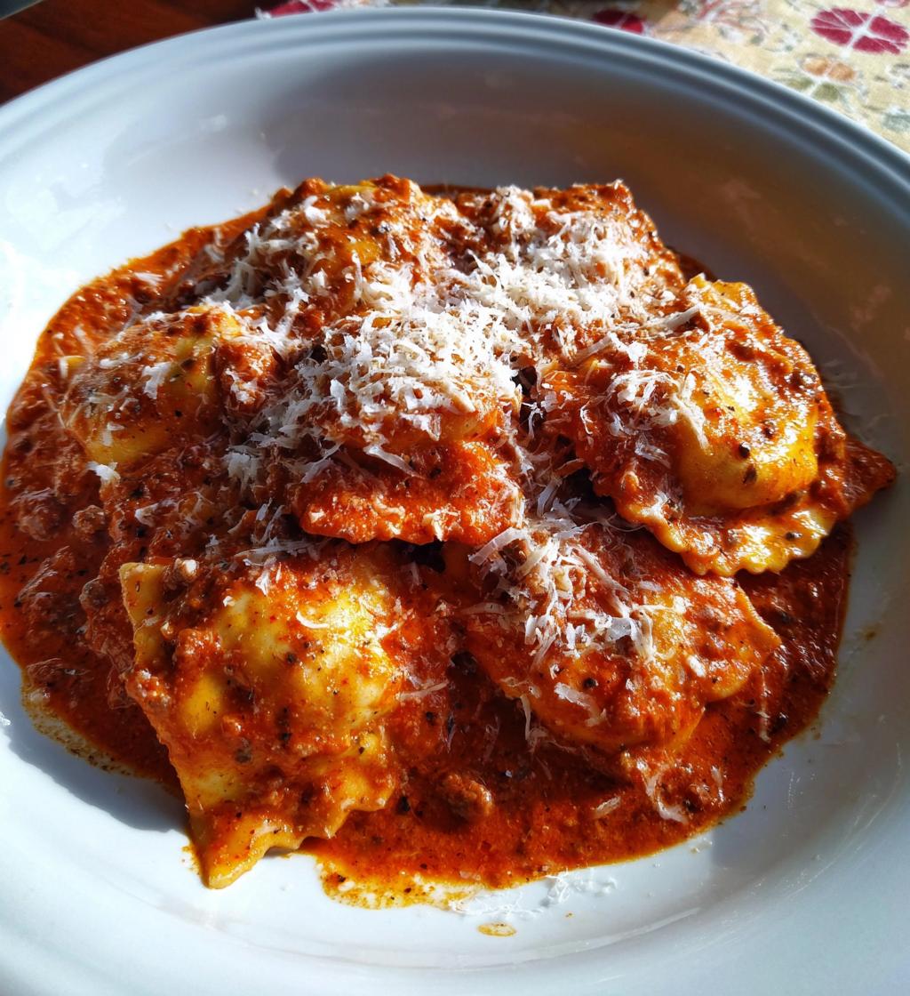 one pot ravioli in a creamy tomato beef sauce