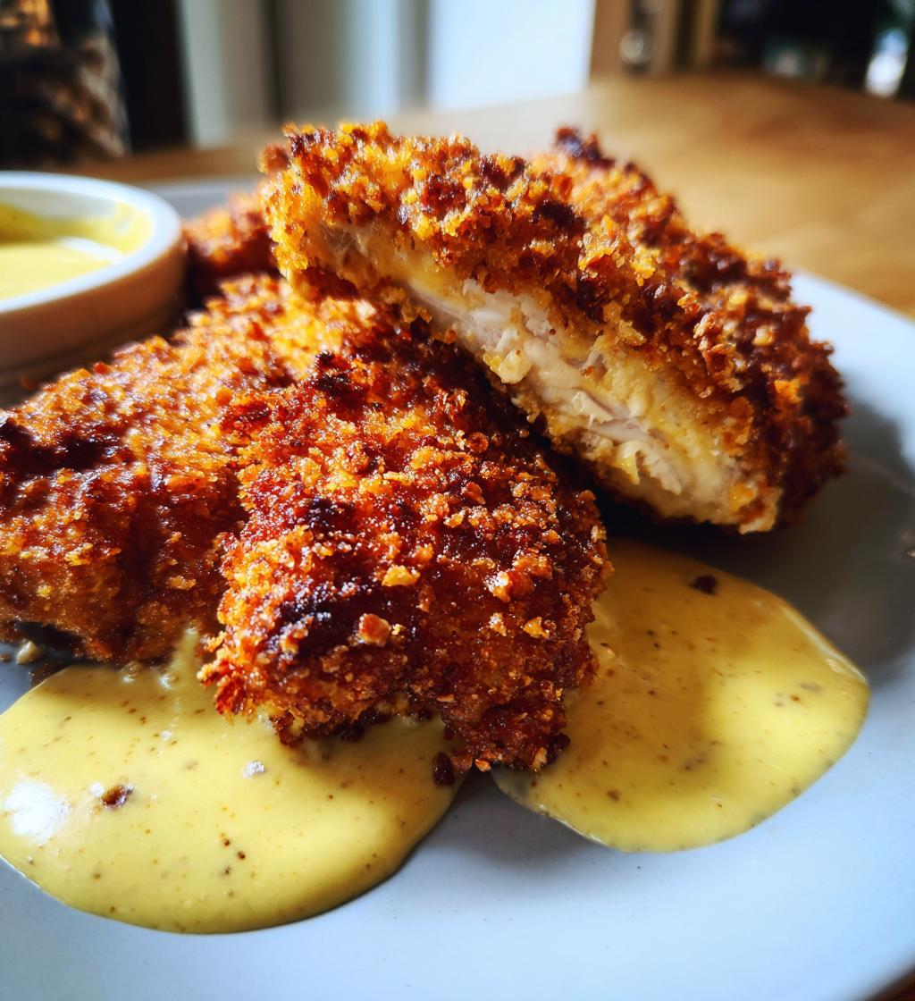 pretzel chicken with mustard cheddar sauce - detail 1