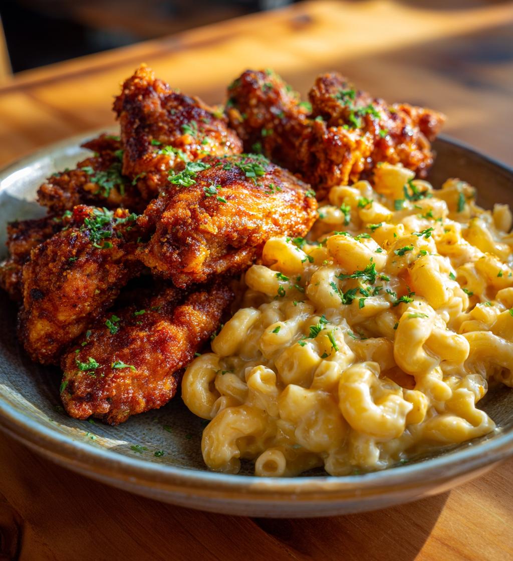 spicy hot wings and creamy mac n cheese