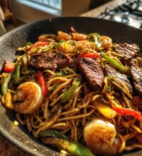 steak shrimp teriyaki noodles